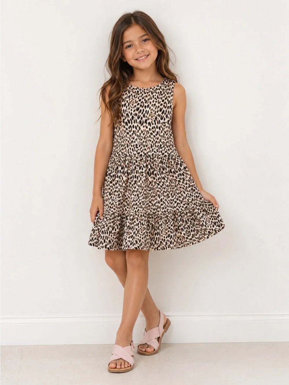 Girls tiered cheetah dress sleeveless mini brown black tan